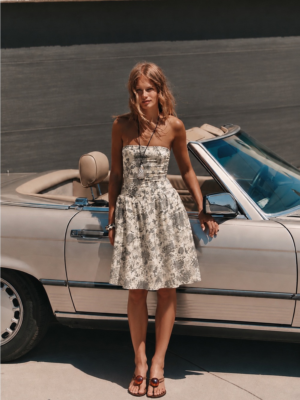 167. Strapless Floral A-Line Dress in Cream and Gray